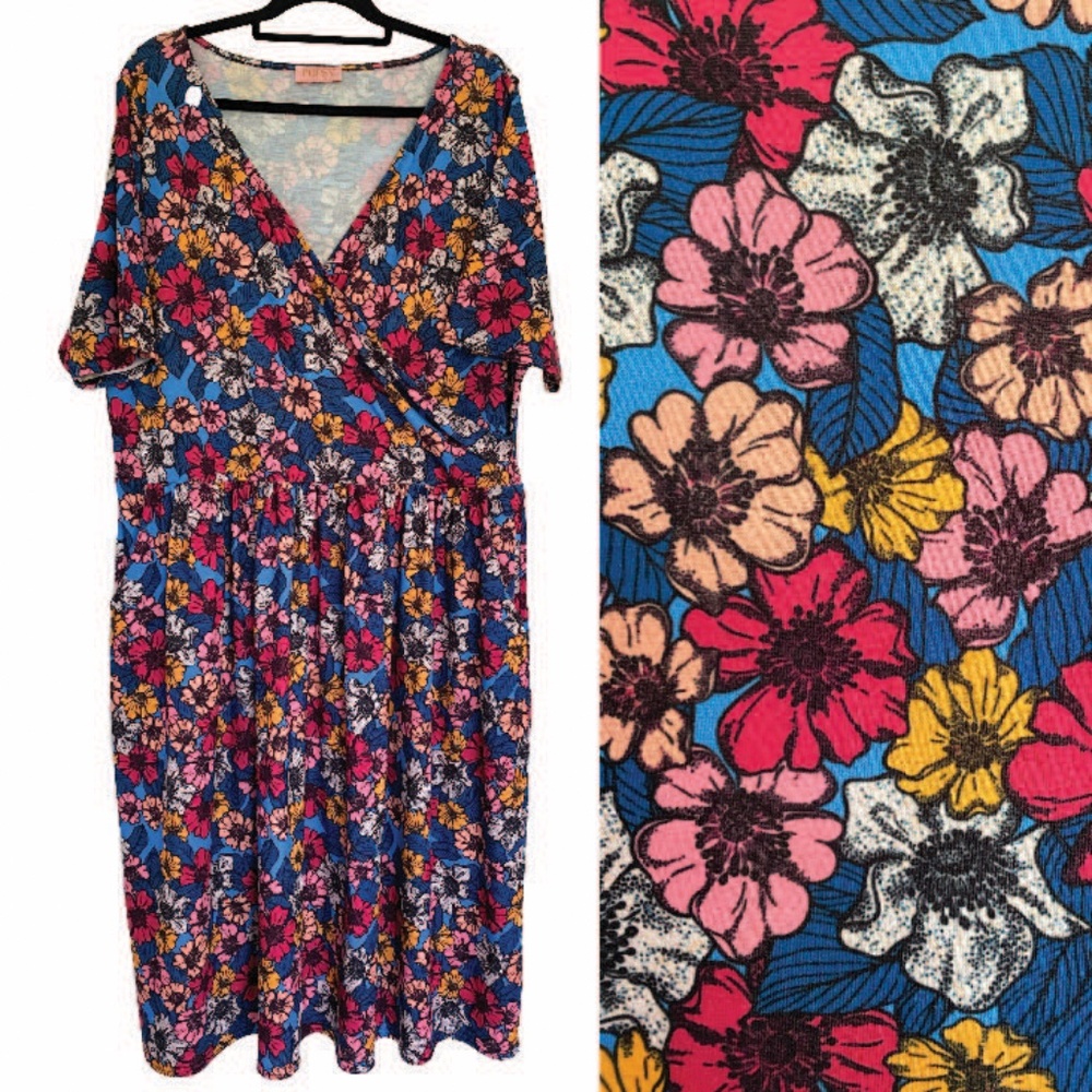 POPSY Colorful Floral Faux Wrap Stretch Dress with Pockets Size 18 US/ 22 UK